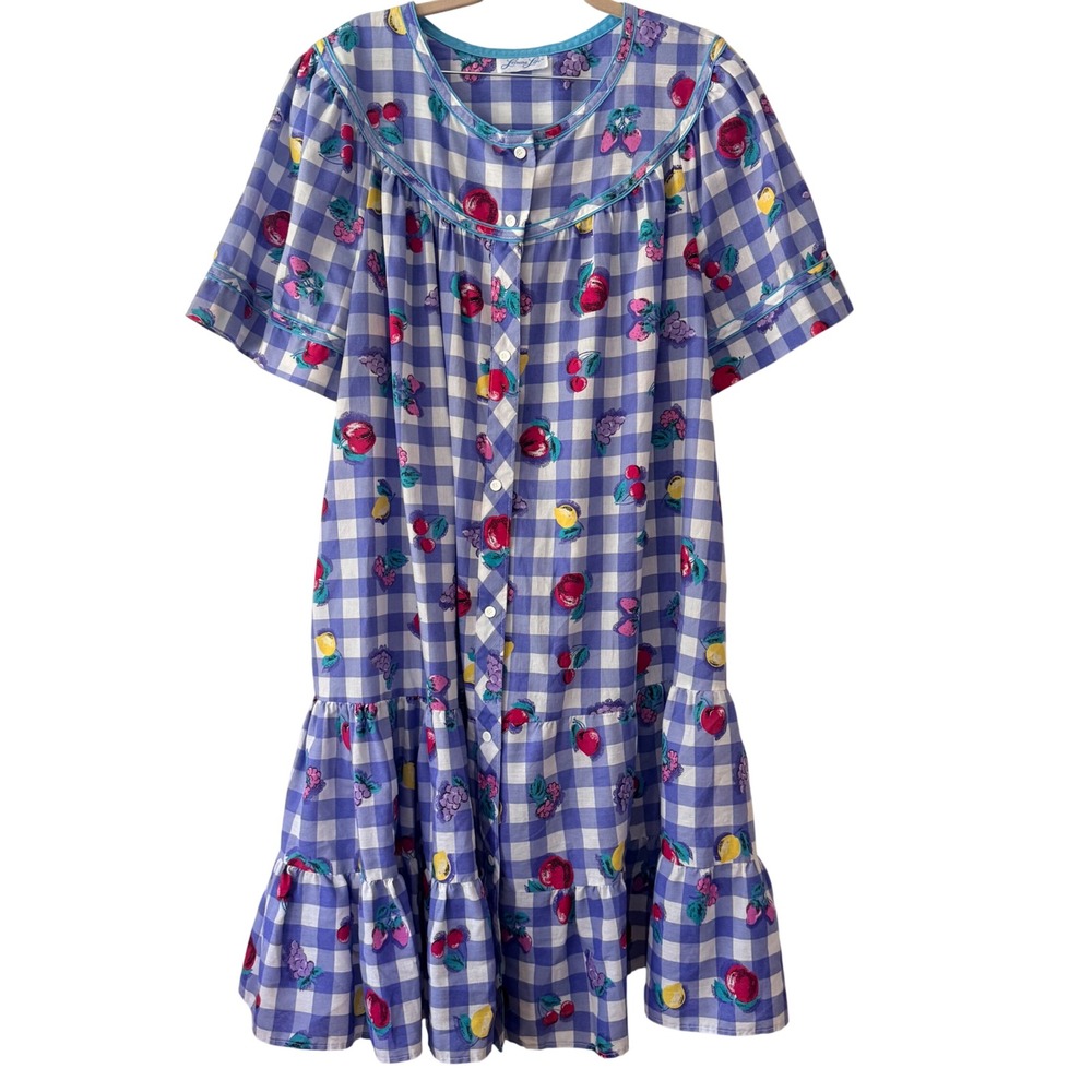 Leisure Life Vintage Retro Mumu Gingham Fruit‎ Print House Dress Blue/White XL